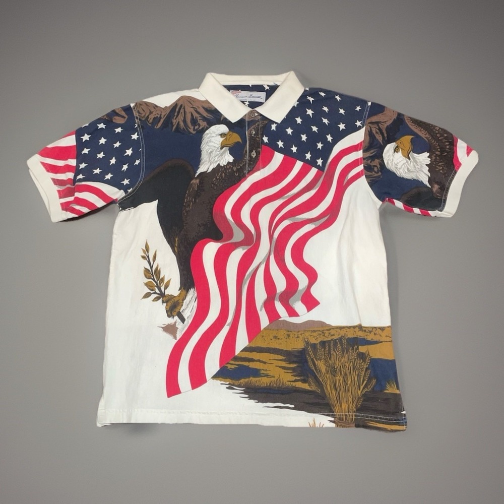 Vintage American Summer 2XL American Flag Eagle Patriotic AOP Polo 4th Of July